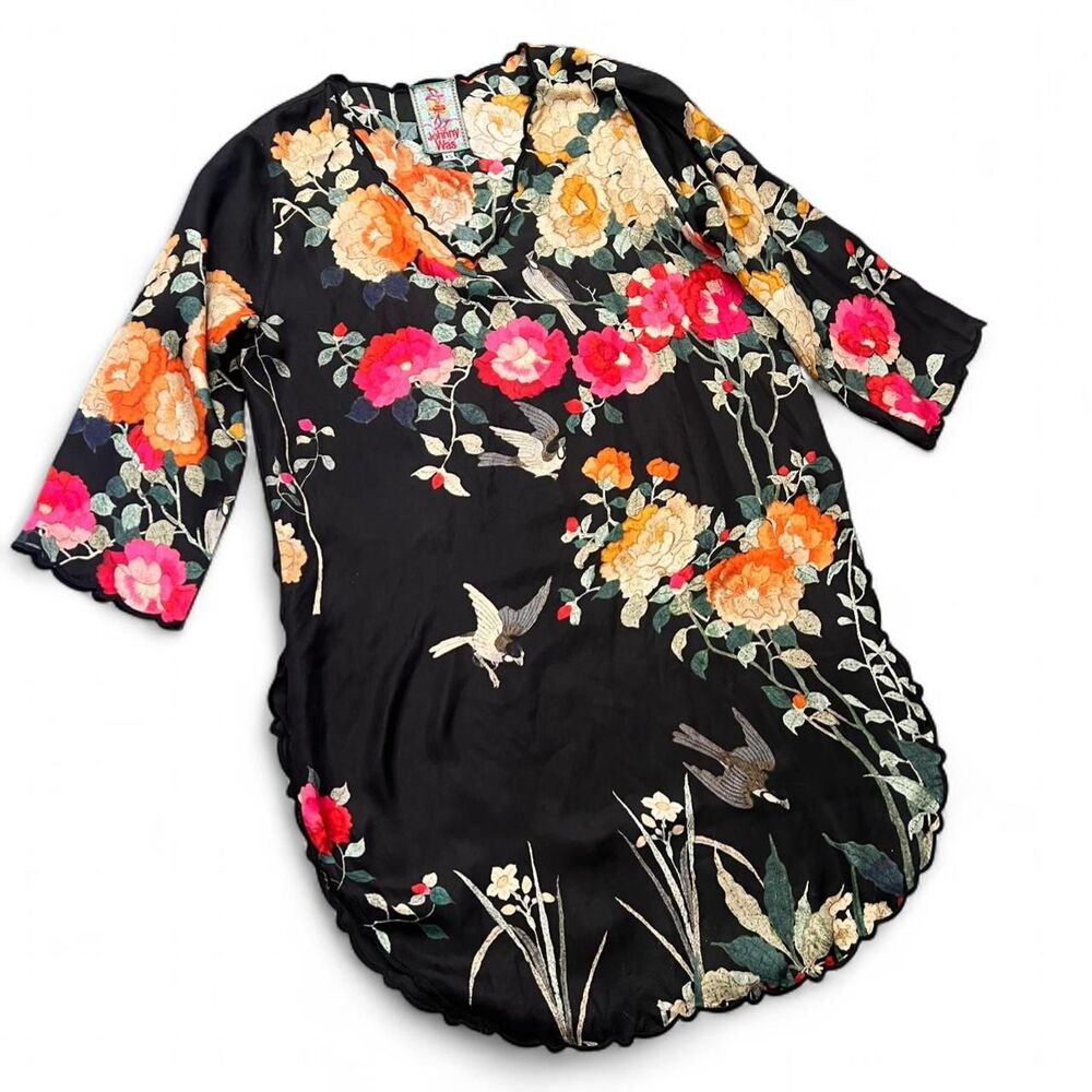 Johnny Was Floral Silk Kimono Scallop Trim Tunic Top